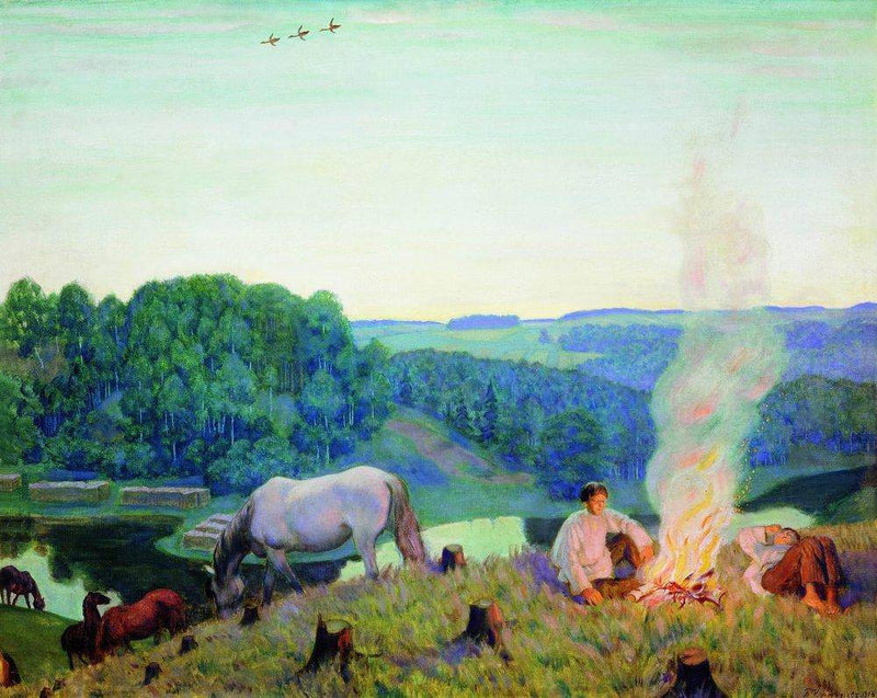 Fireplace (Night) by Boris Kustodiev — Oil Painting Reproduction