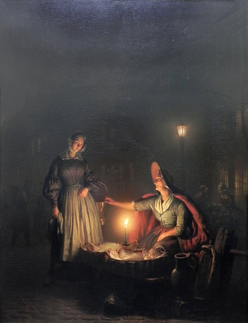 Fish seller, Evening Market by Petrus van Schendel — Oil Painting Reproduction