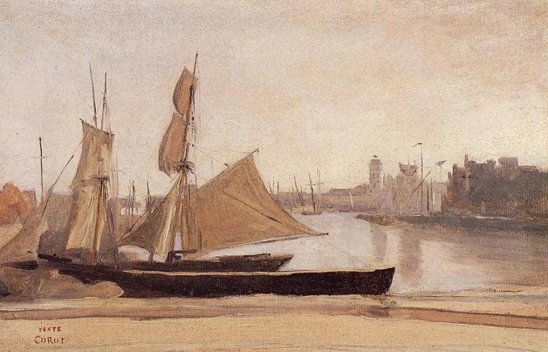 Fishing Boats Tied to the Wharf by Camille Corot — Oil Painting Reproduction