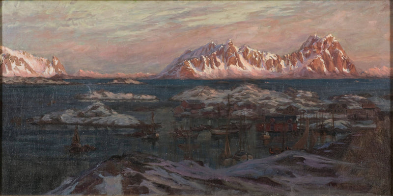 Fishing Harbour with Sunlit Mountains. Study from North Norway by Anna Katarina Boberg, Oil Painting Reproduction