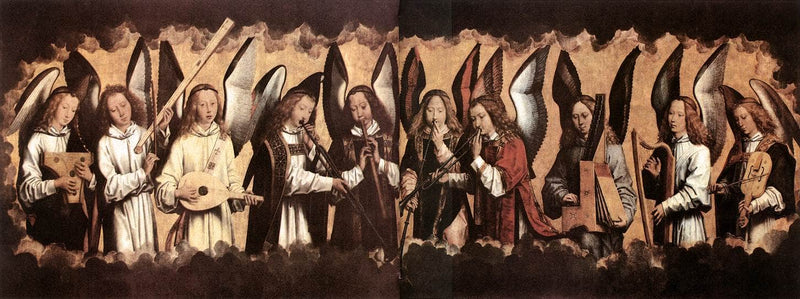Five Angels Playing Musical Instruments, left hand panel from a triptych from the Church of Santa Maria la Real, Najera by Hans Memling, Oil Painting Reproduction