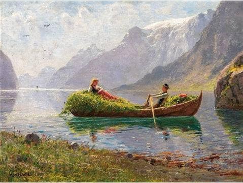 Fjord Landscape with Rowing-Boat, Harvest by Hans Dahl — Oil Painting Reproduction