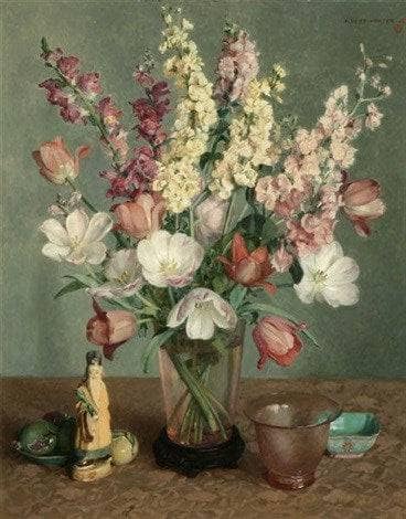 Floral Still Life with Glass and Objects by Albert Herter — Oil Painting Reproduction
