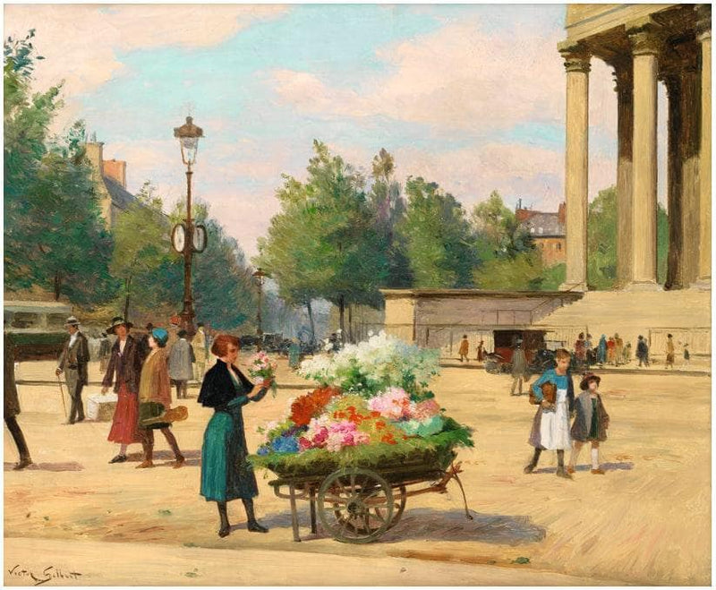 Flower vendor before the Madeline church in Paris by Victor Gabriel Gilbert — Oil Painting Reproduction