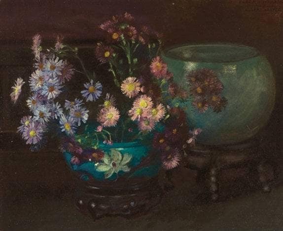 Flowers and Blue Vases by Albert Herter — Oil Painting Reproduction
