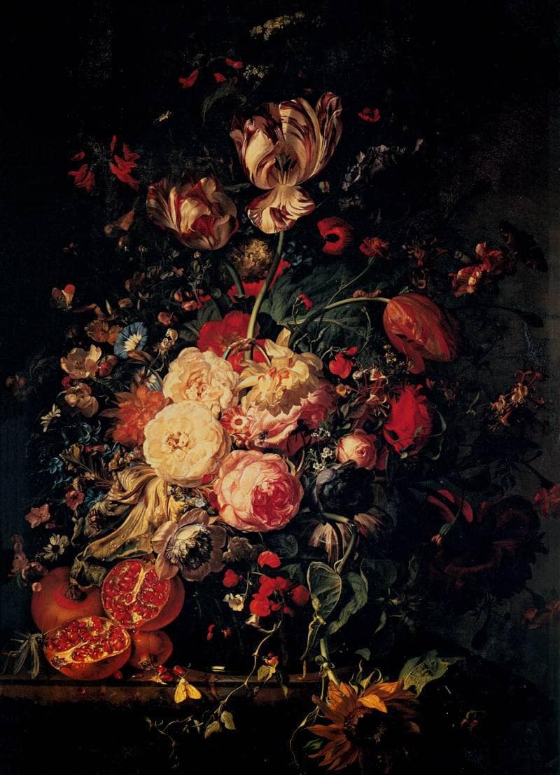 Flowers in a Glass Vase, with Pomegranates, on a Marble Balustrade by Rachel Ruysch — Oil Painting Reproduction