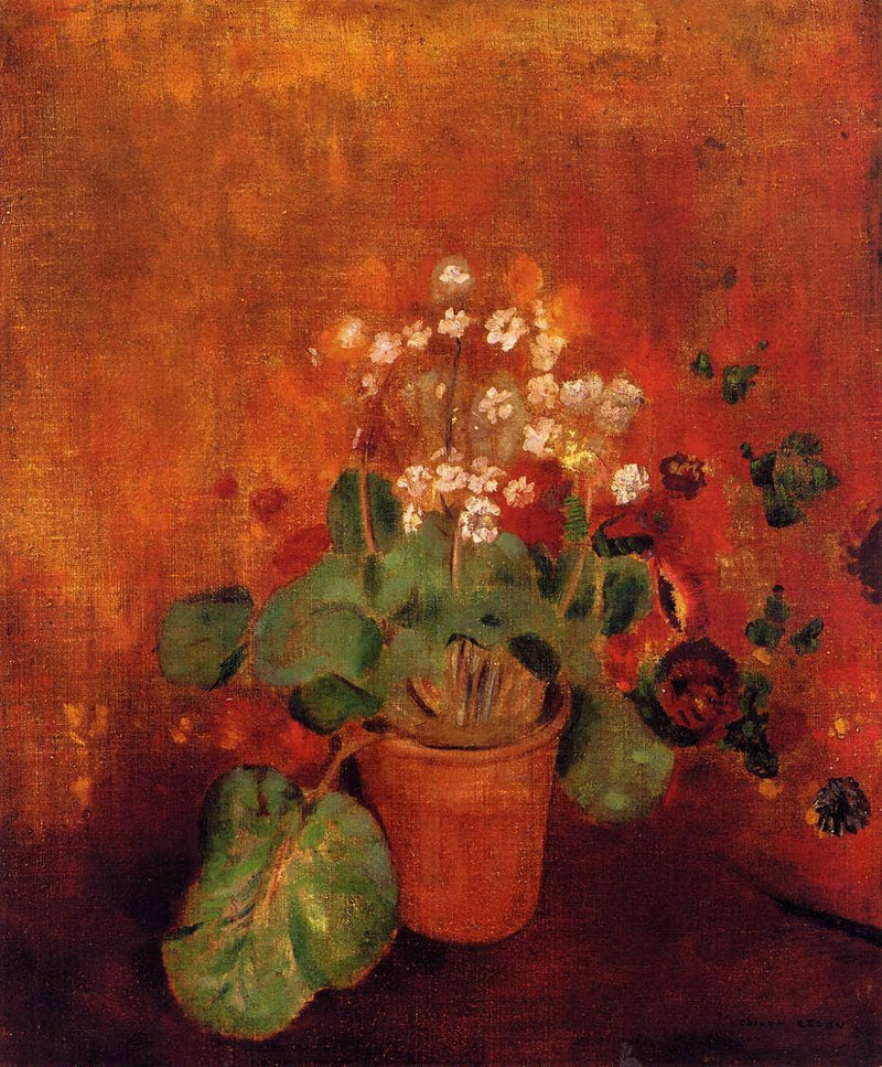 Flowers in a Pot on a Red Background by Odilon Redon — Oil Painting Reproduction