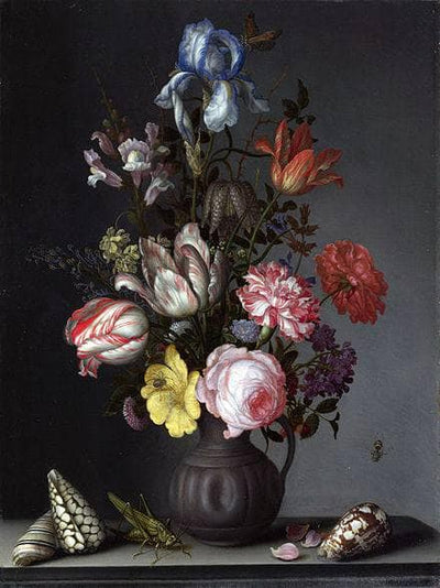 Flowers in a Vase with Shells and Insects in hallway