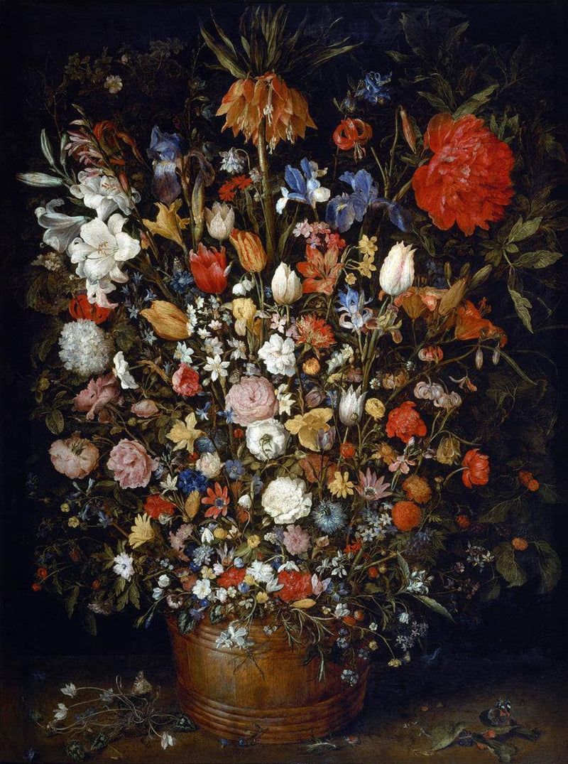 Flowers in a Wooden Vessel by Jan Brueghel the Elder — Oil Painting Reproduction