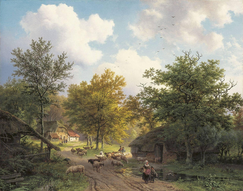 Forest landscape with farm huts and flock near a sheep pen by Barend Cornelis Koekkoek — Oil Painting Reproduction