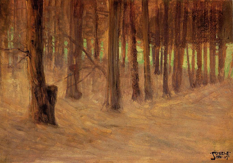 Forest with Sunlit Clearing in the Background by Egon Schiele — Oil Painting Reproduction