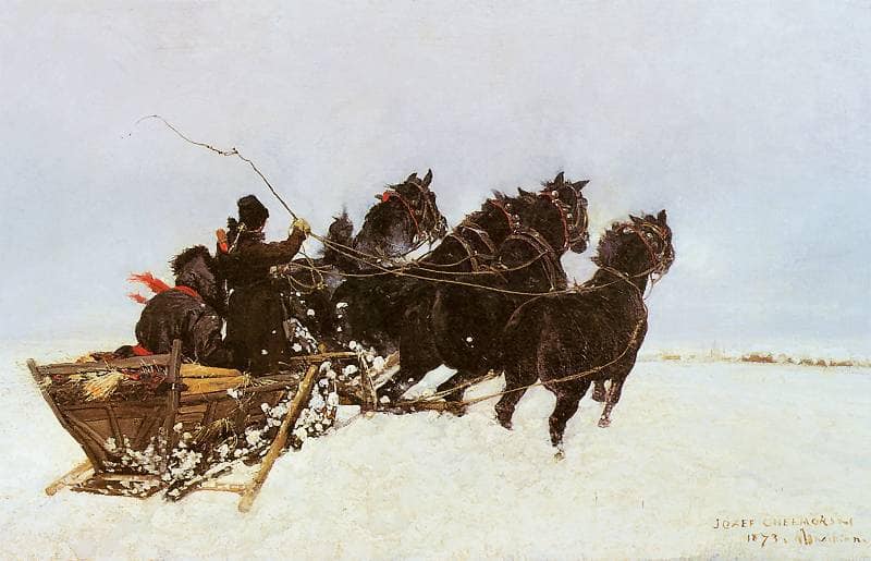 Four in Snowdrifts by Józef CheÅmoÅski — Oil Painting Reproduction