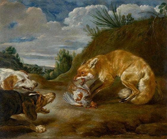 Fox and pair of dogs fighting over the prey by Paul de Vos — Oil Painting Reproduction