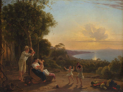 Family scene with children dancing at sunset on the Gulf of Naples with a view of the island of Capri in hallway