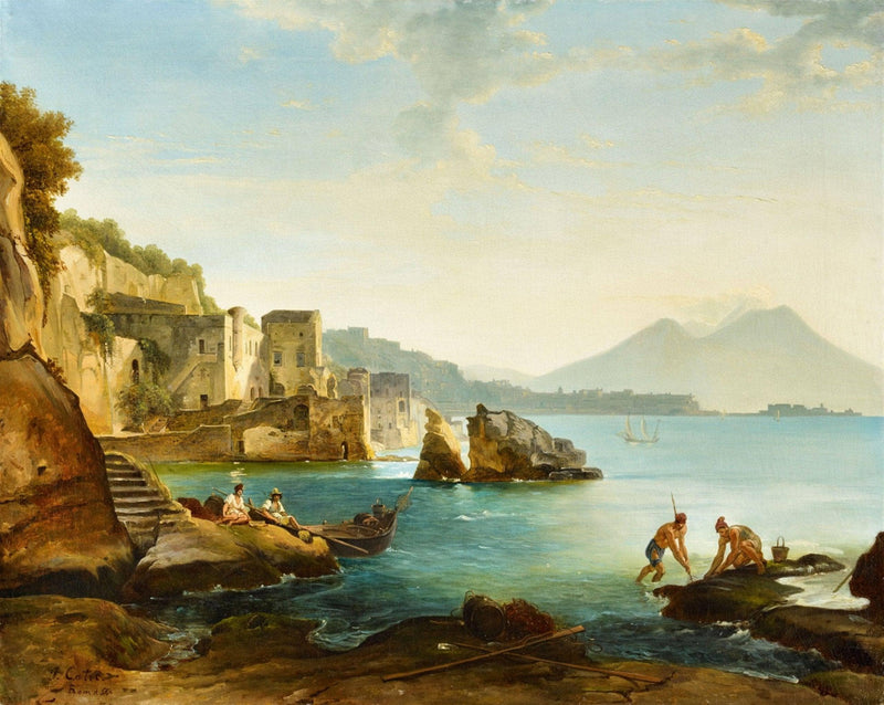 Gulf of Naples with fishermen and mussels gathering by Franz Ludwig Catel — Oil Painting Reproduction
