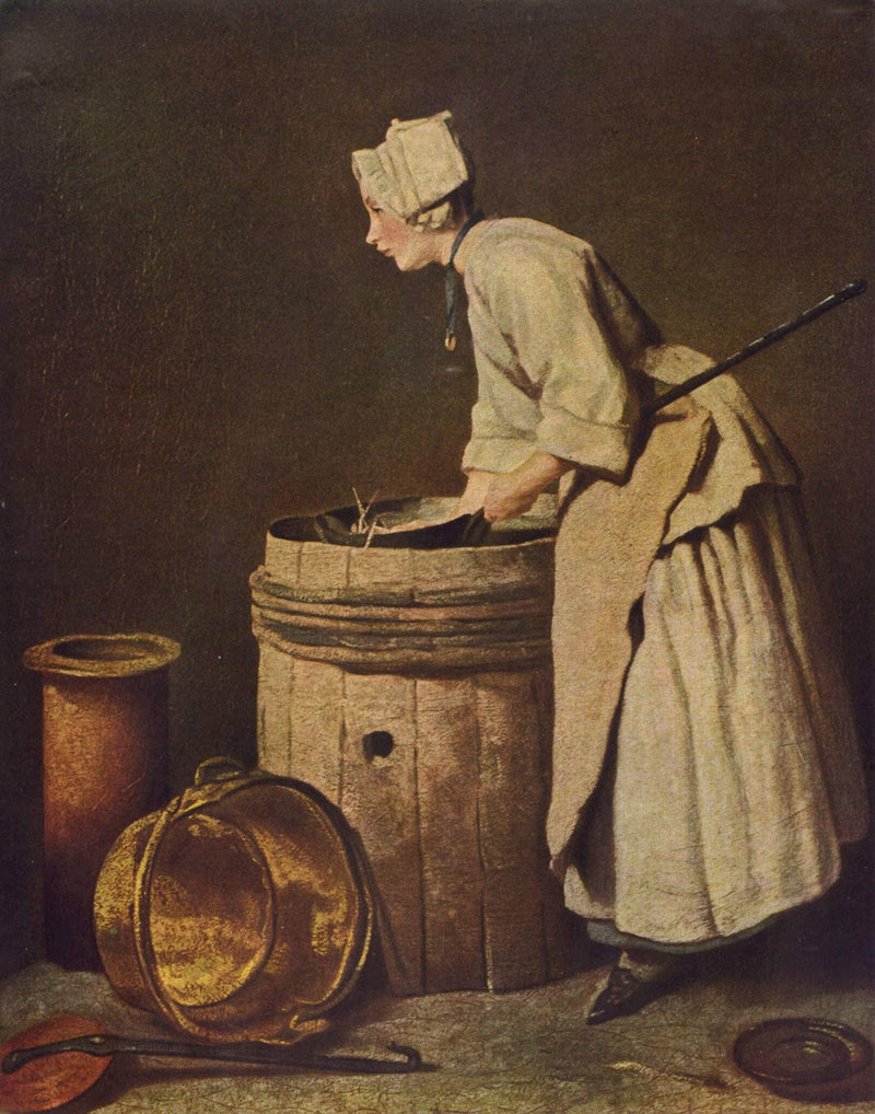 Frau, Geschirr scheuernd by Jean-Baptiste-Simeon Chardin — Oil Painting Reproduction
