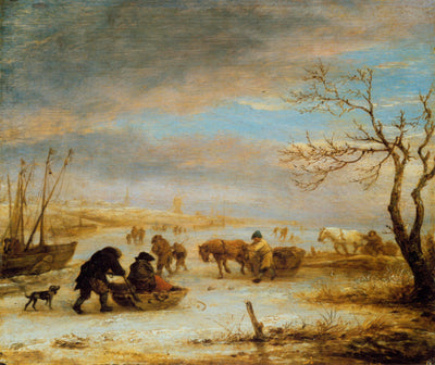 Frozen Ice Landscape with Carriages and Boats in living room