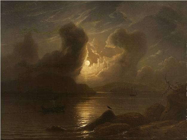 Full moon over river landscape with fishing and sailing boat by Knud Baade — Oil Painting Reproduction