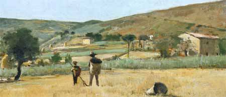 Gabbro landscape with peasants by Silvestro Lega, Oil Painting Reproduction