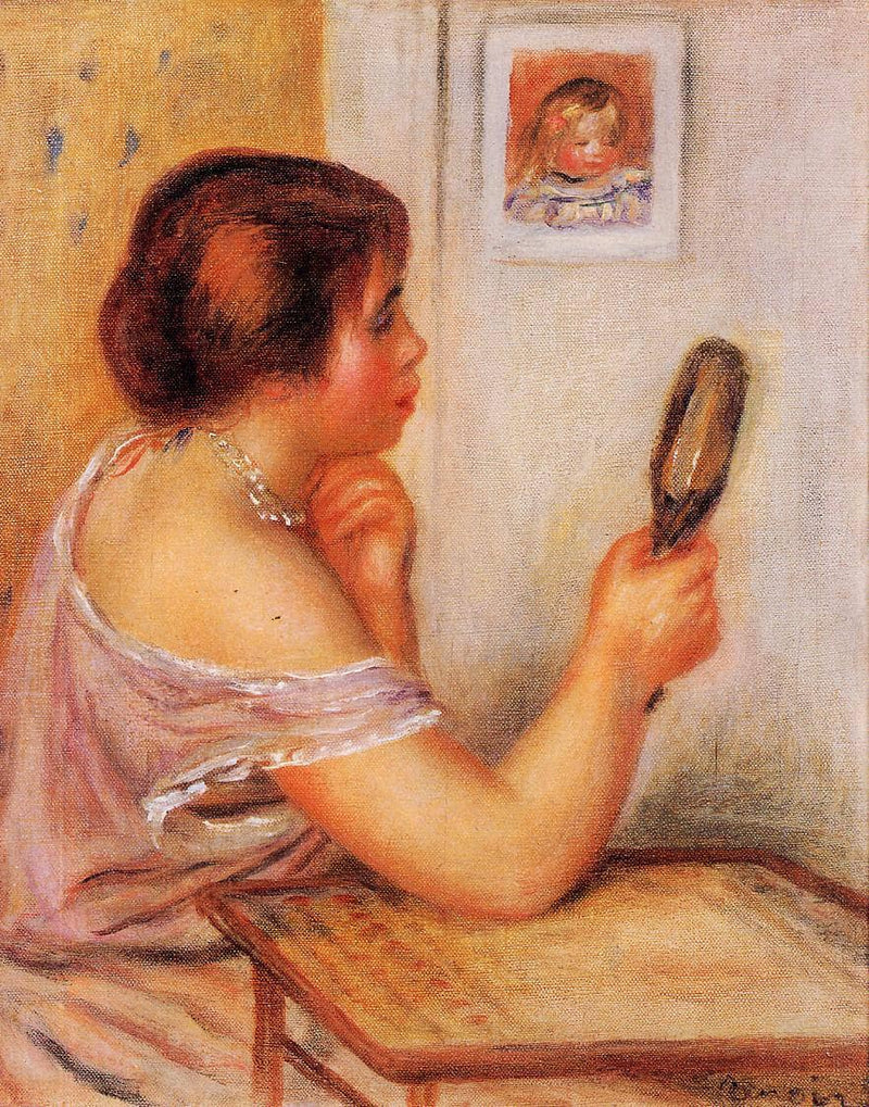 Gabrielle Holding a Mirror with a Portrait of Coco by Pierre-Auguste Renoir — Oil Painting Reproduction