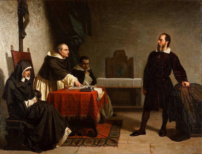 Galileo Galilei before the Inquisition tribunal in dining room