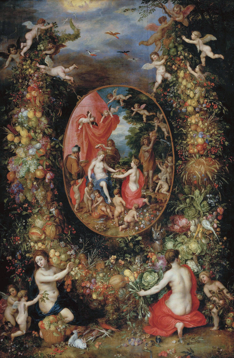 Garland of Fruit Surrounding a Depiction of Cybele Receiving Gifts from Personifications of the Four Seasons by Jan Brueghel the Elder — Oil Painting Reproduction