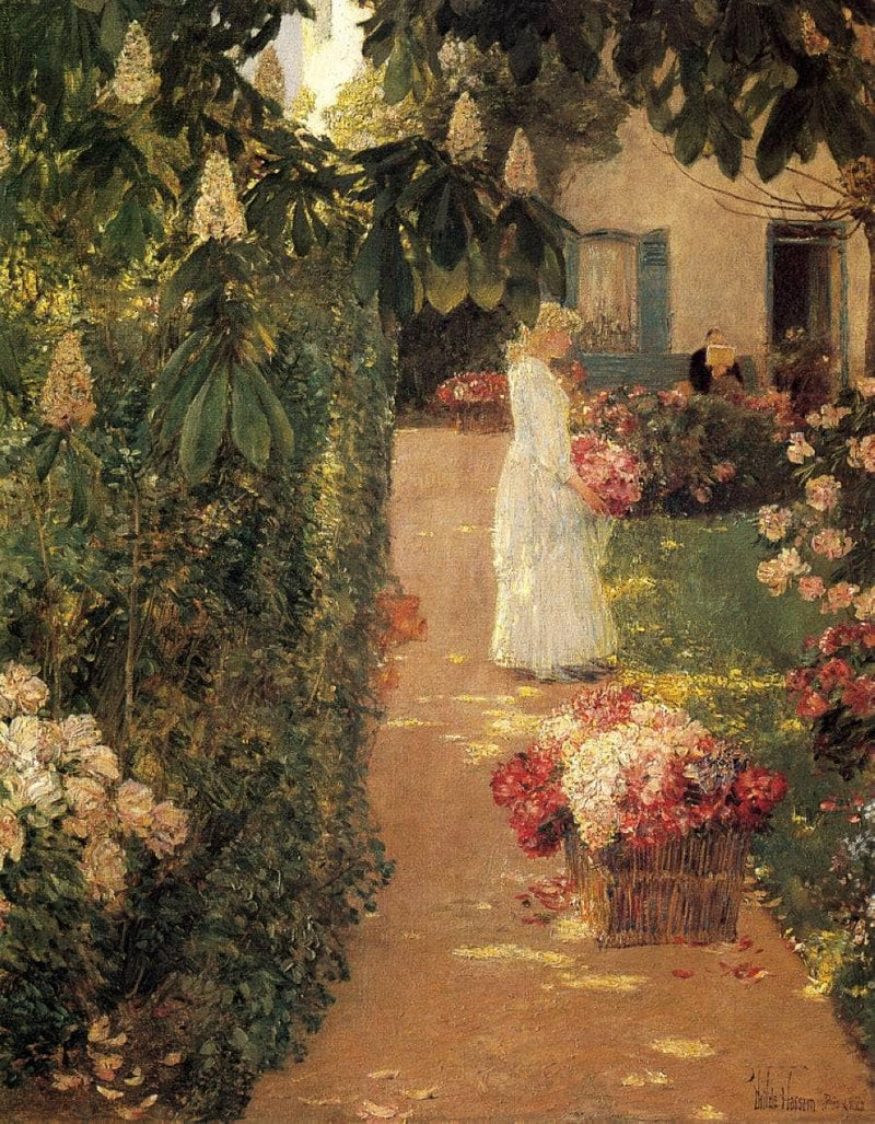 Gathering Flowers in a French Garden by Childe Hassam — Oil Painting Reproduction