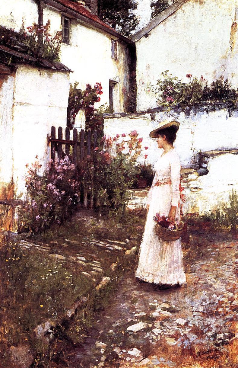 Gathering Summer Flowers in a Devonshire Garden by John William Waterhouse — Oil Painting Reproduction