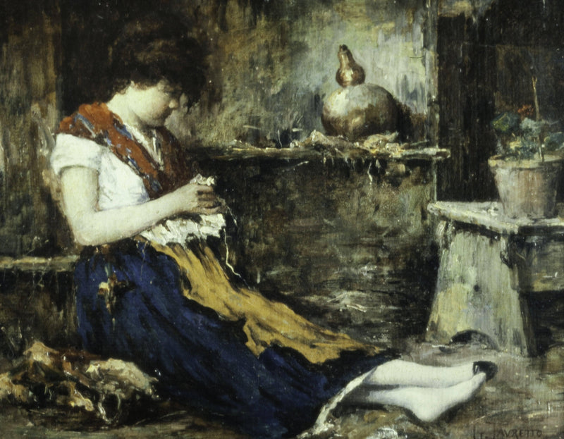 Seated Woman, sewing by Giacomo Favretto — Oil Painting Reproduction