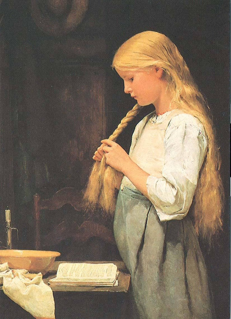 Girl Braiding Her Hair by Albrecht Anker — Oil Painting Reproduction