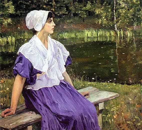 Girl by a Pond (Portrait of Natalia Nesterova) by Mikhail Nesterov — Oil Painting Reproduction