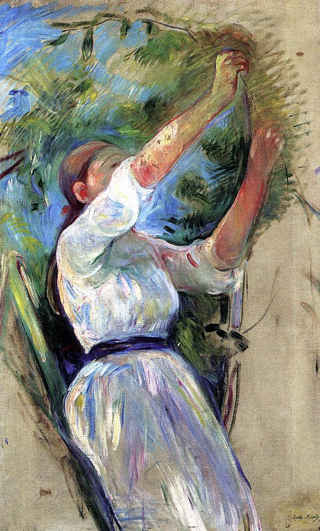 Girl gathering cherries by Berthe Morisot — Oil Painting Reproduction