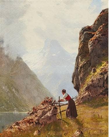 Girl in Norwegian fjord landscape in modern living room
