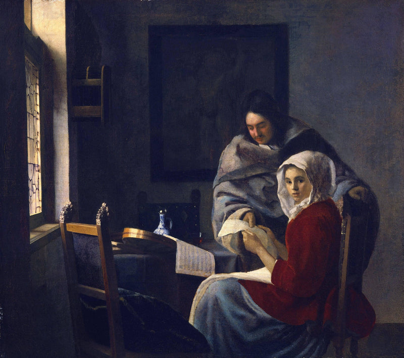 Girl interrupted at her music by Johannes Vermeer — Oil Painting Reproduction