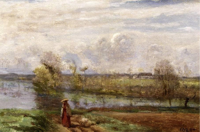 Girl Reading by the Water by Camille Corot — Oil Painting Reproduction