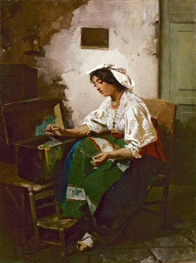 Girl sewing in kitchen