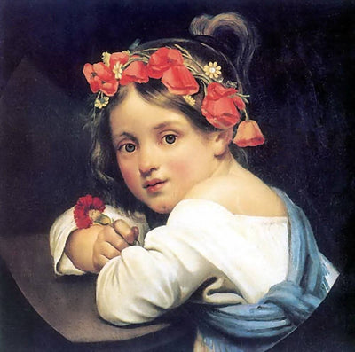 Girl wearing the poppy wreath in living room