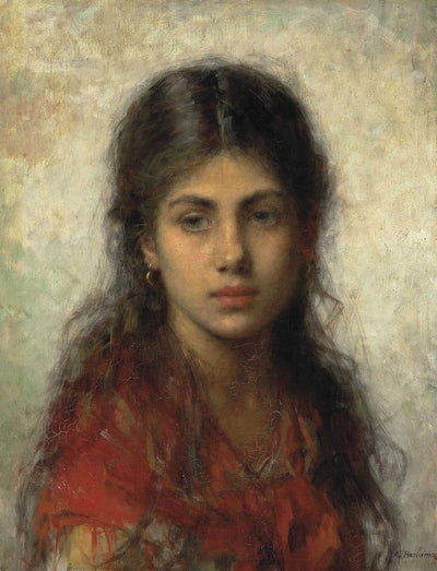 Girl with a red shawl in study