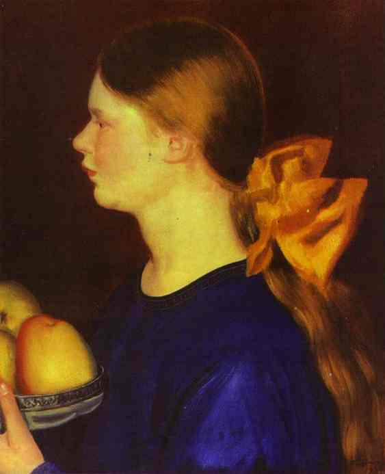 Girl with Apples (Portrait of Irina Kustodiyeva) by Boris Kustodiev — Oil Painting Reproduction