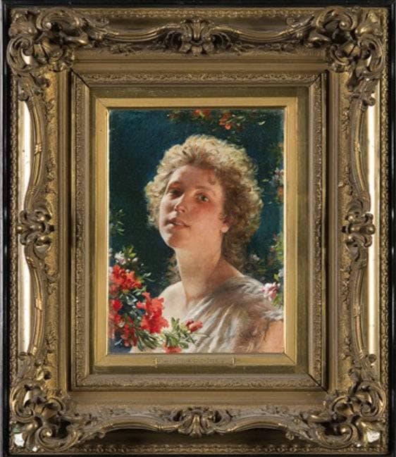 Girl with azalea flowers by Wladyslaw Czachorski — Oil Painting Reproduction
