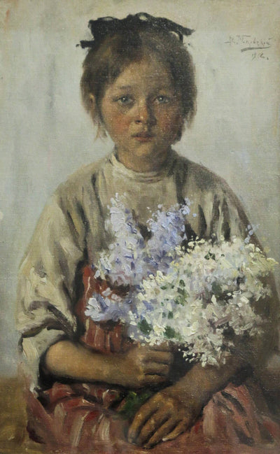 Girl with flowers in bedroom