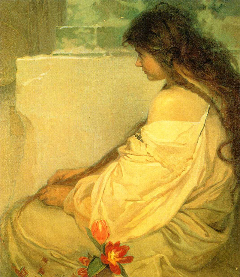 Girl with Loose Hair and Tulips by Alphonse Mucha — Oil Painting Reproduction