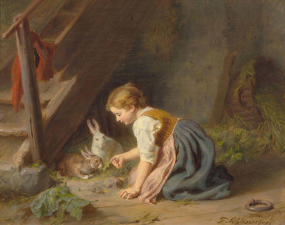 Girl with two rabbits in modern living room