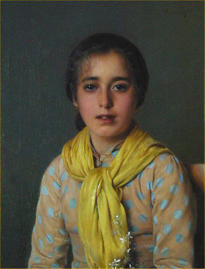 Girl with yellow shawl in entryway