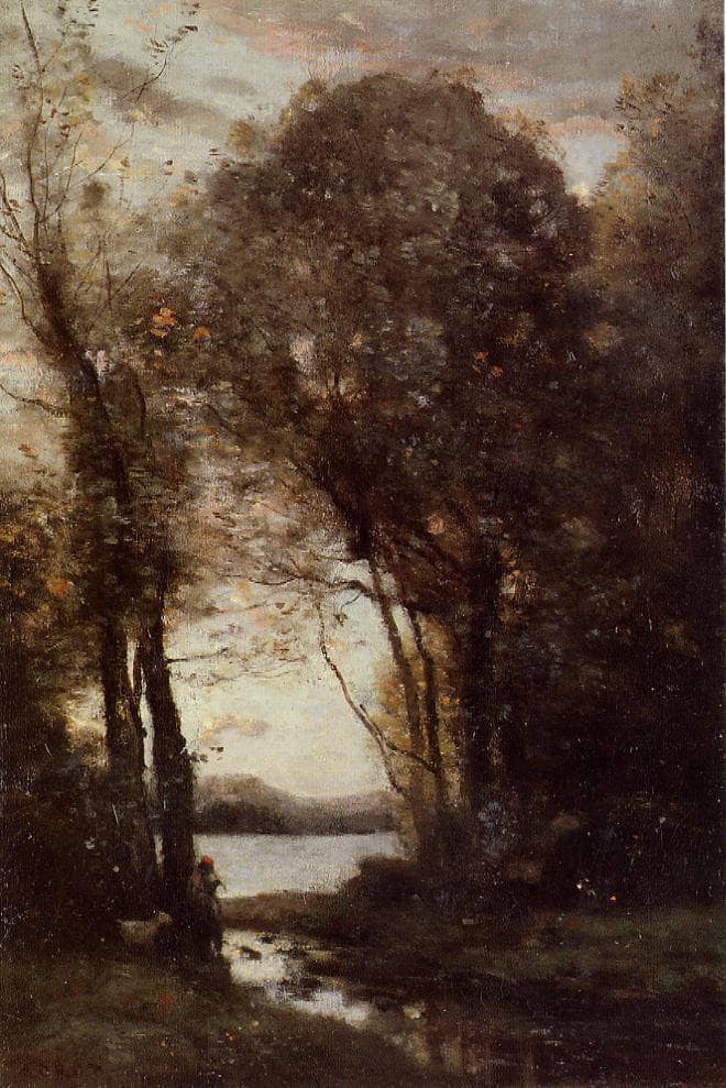 Goatherd Standing, Playing the Flute under the Trees by Camille Corot — Oil Painting Reproduction