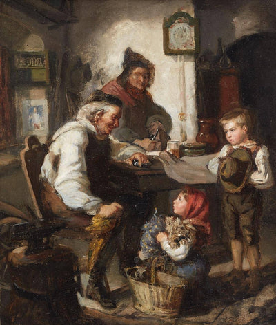 Grandfather and grandchildren in hallway