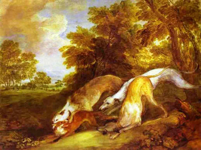Greyhounds coursing a fox in hallway