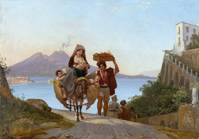 Gulf of Naples with fruit sellers in entryway
