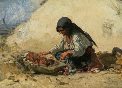 Gypsy girl is changing a baby in a wooden tub in apartment