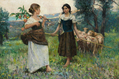 Young shepherd girl and orange picker in hilly terrain in modern living room